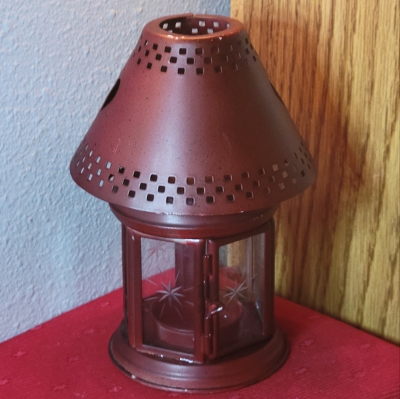 Vtg Yankee Candle Holder Dark Red Lantern Tea Light Only Warm Up Christmas